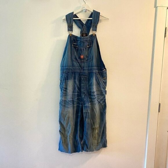 RRL Ralph Lauren Mens Denim Overalls Blue Flap Pocket Button Fly Whiskered Large - Picture 1 of 10